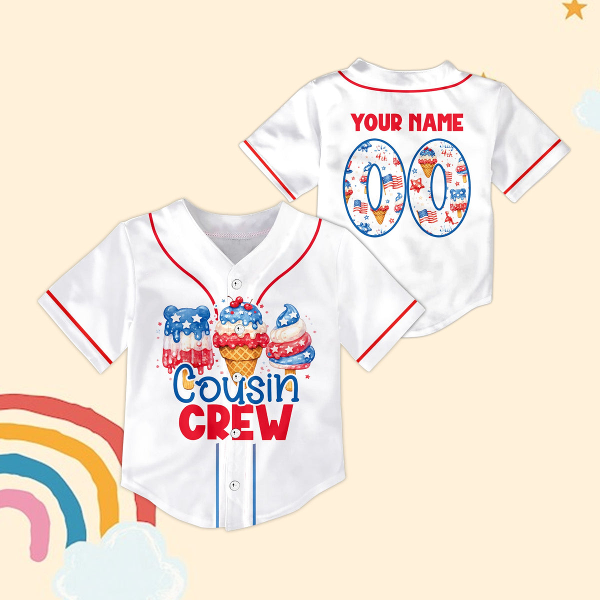 Front view of the red patriotic baseball jersey with Cousin Crew ice cream graphics