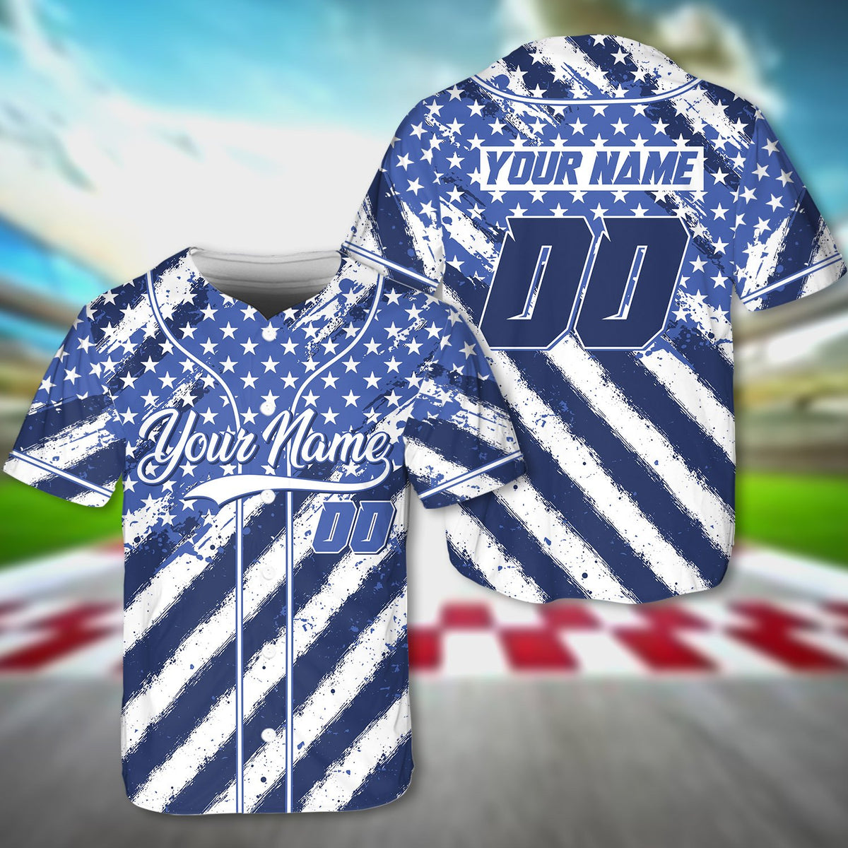 Close-up of the paint-splattered effect on the patriotic baseball jersey