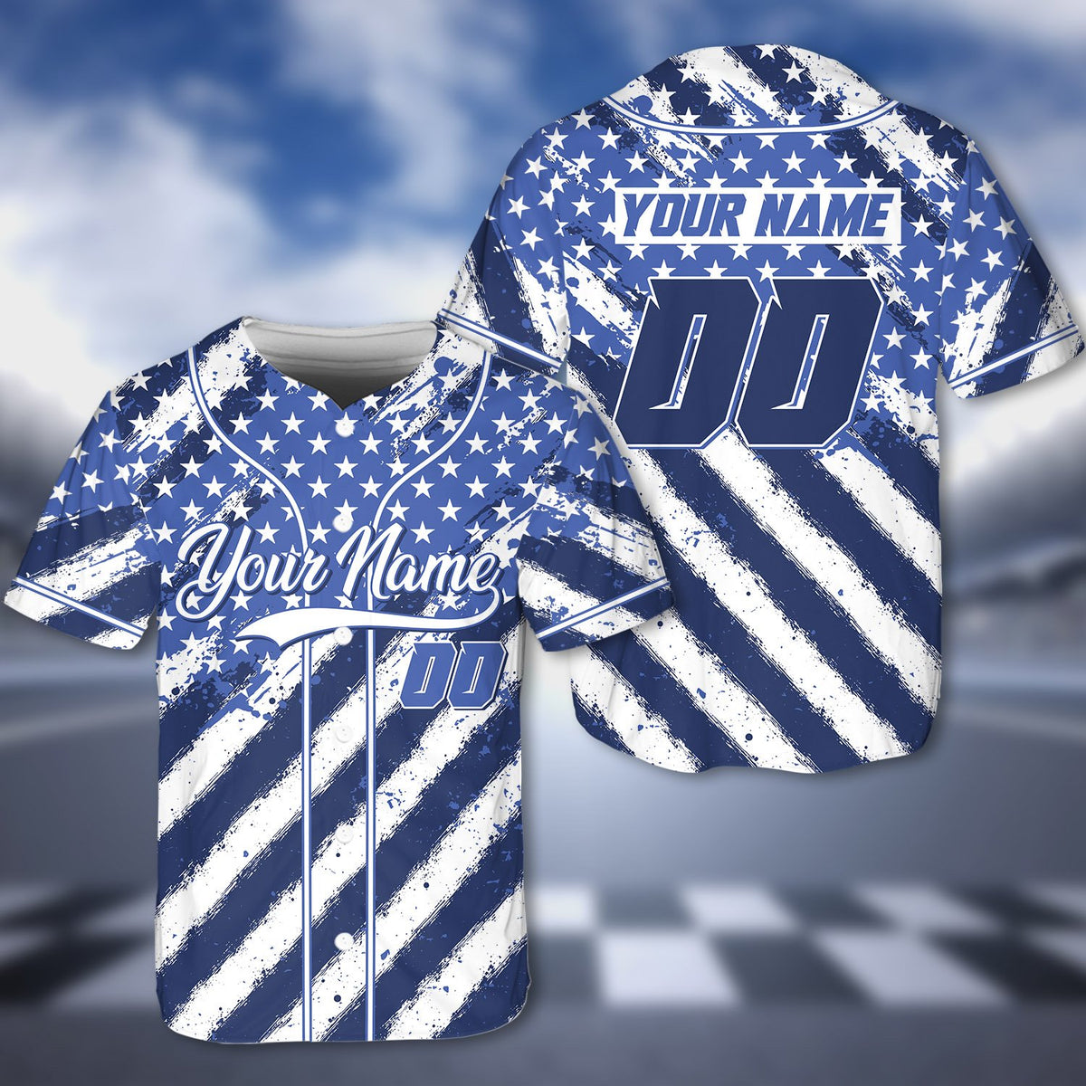 Front perspective of the abstract baseball jersey with custom details