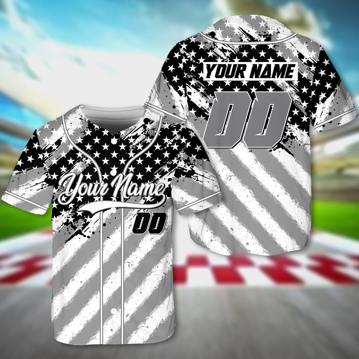 Final front view of the personalized patriotic baseball jersey showing the full design