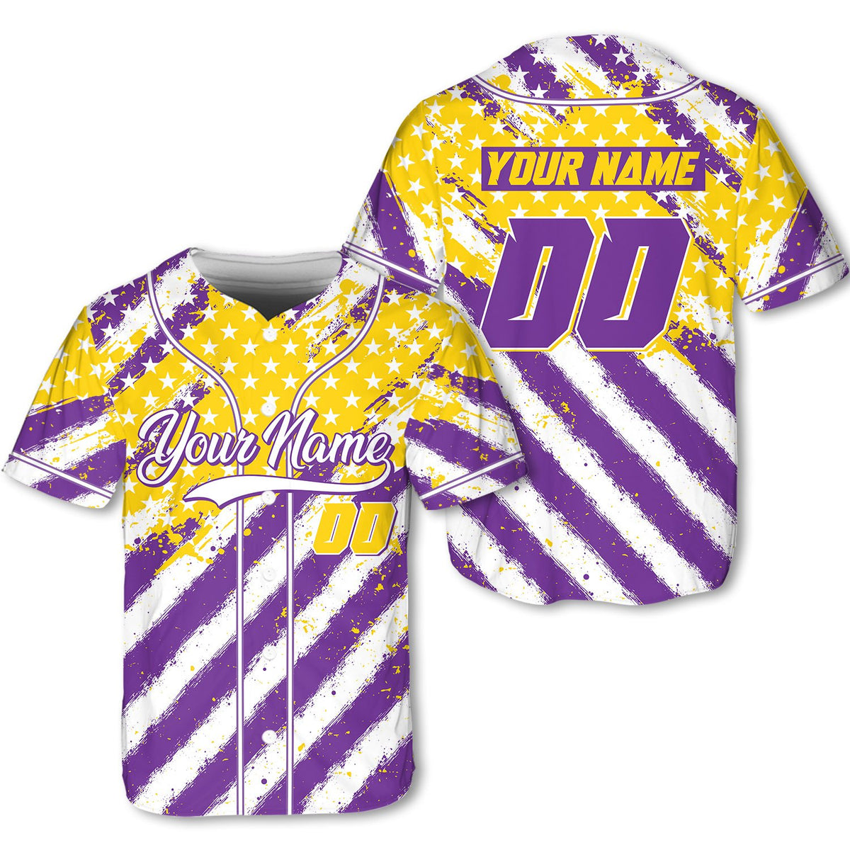 Front view of the custom patriotic baseball jersey showing distressed stars and stripes