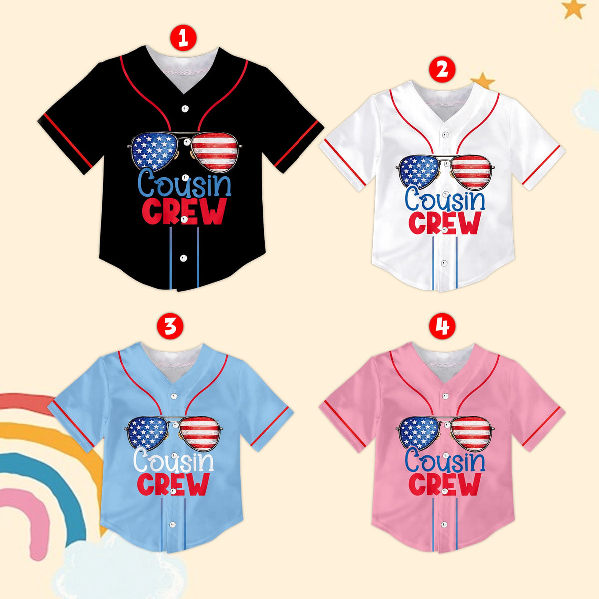 Back view showing custom name and number with flags, stars, and ice cream pattern