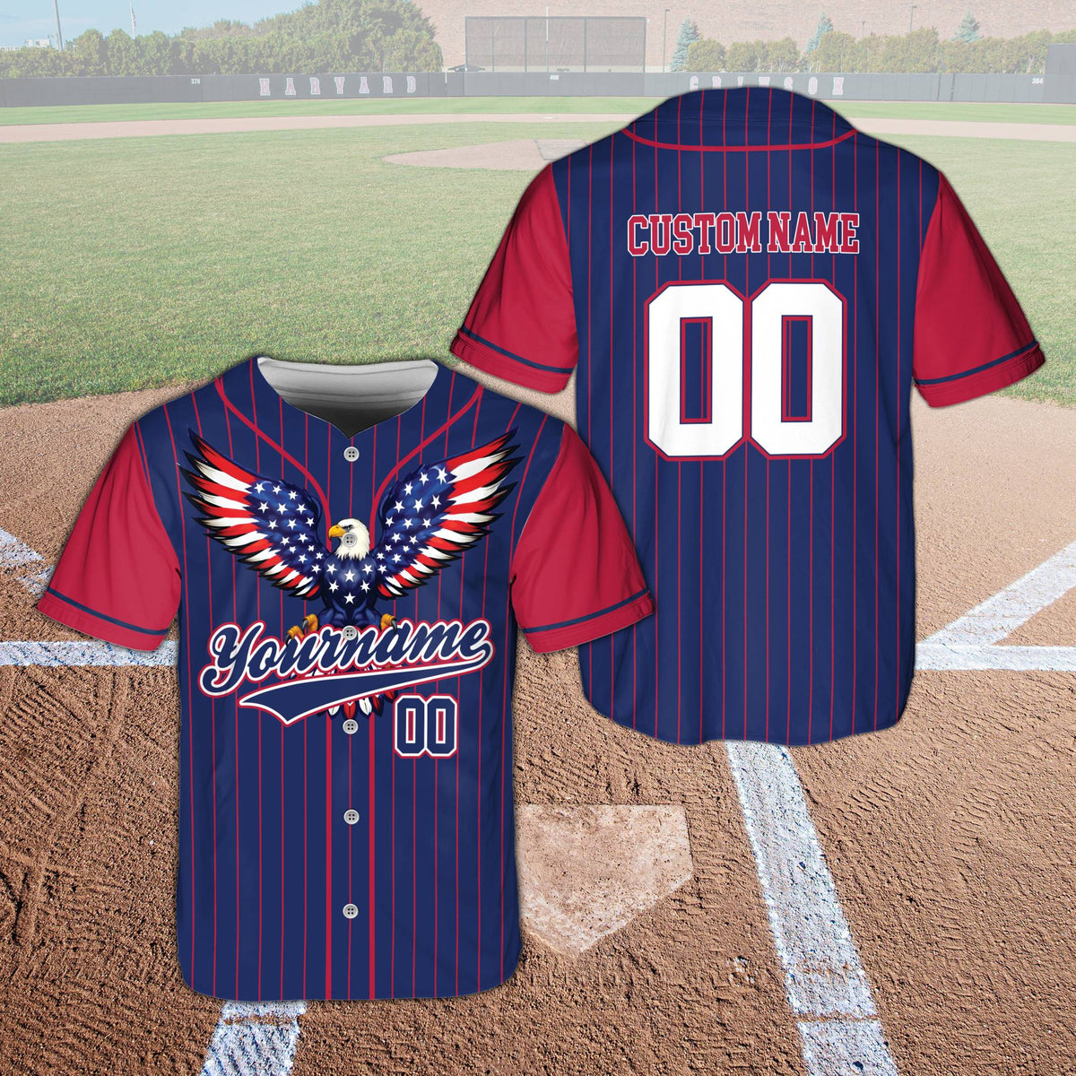 Navy personalized baseball jersey featuring flag pattern eagle and pinstripes