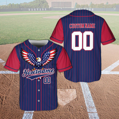 Navy personalized baseball jersey featuring flag pattern eagle and pinstripes