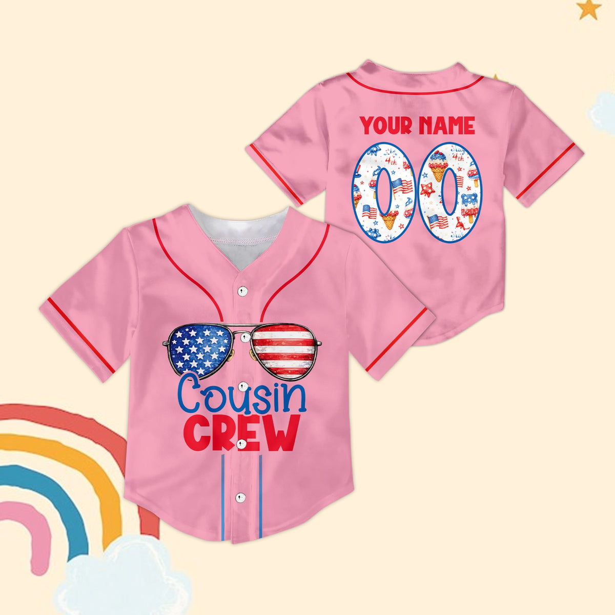 Front view of pink custom baseball jersey with patriotic theme