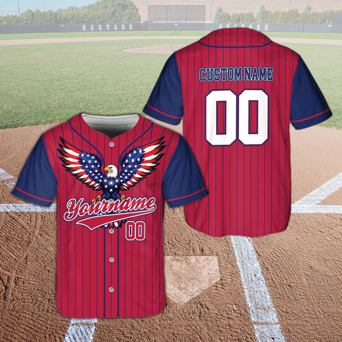 Red custom name and number baseball jersey front view