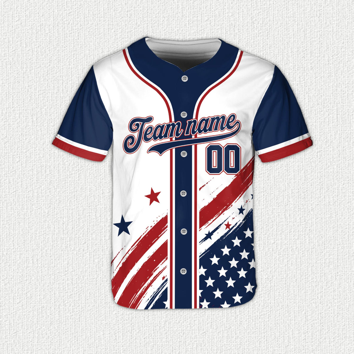 Front view of the personalized patriotic baseball jersey
