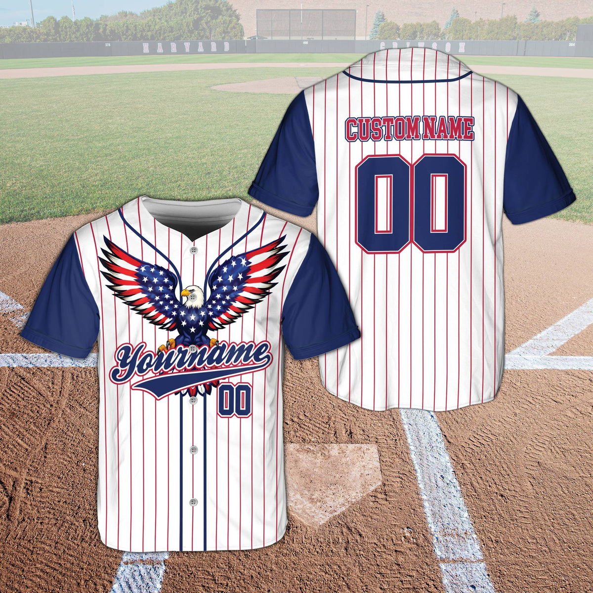 White patriotic baseball jersey with eagle graphic and custom name front view