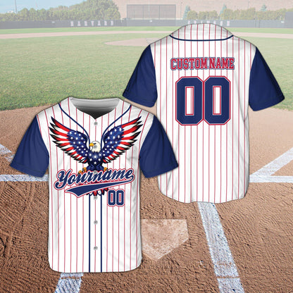 White patriotic baseball jersey with eagle graphic and custom name front view