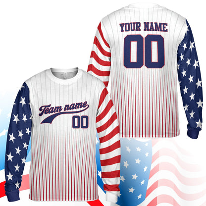 Patriotic baseball jersey with custom details, angled front view