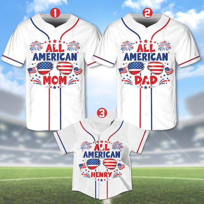 Close up of the Fourth of July baseball jersey personalized design on a white background