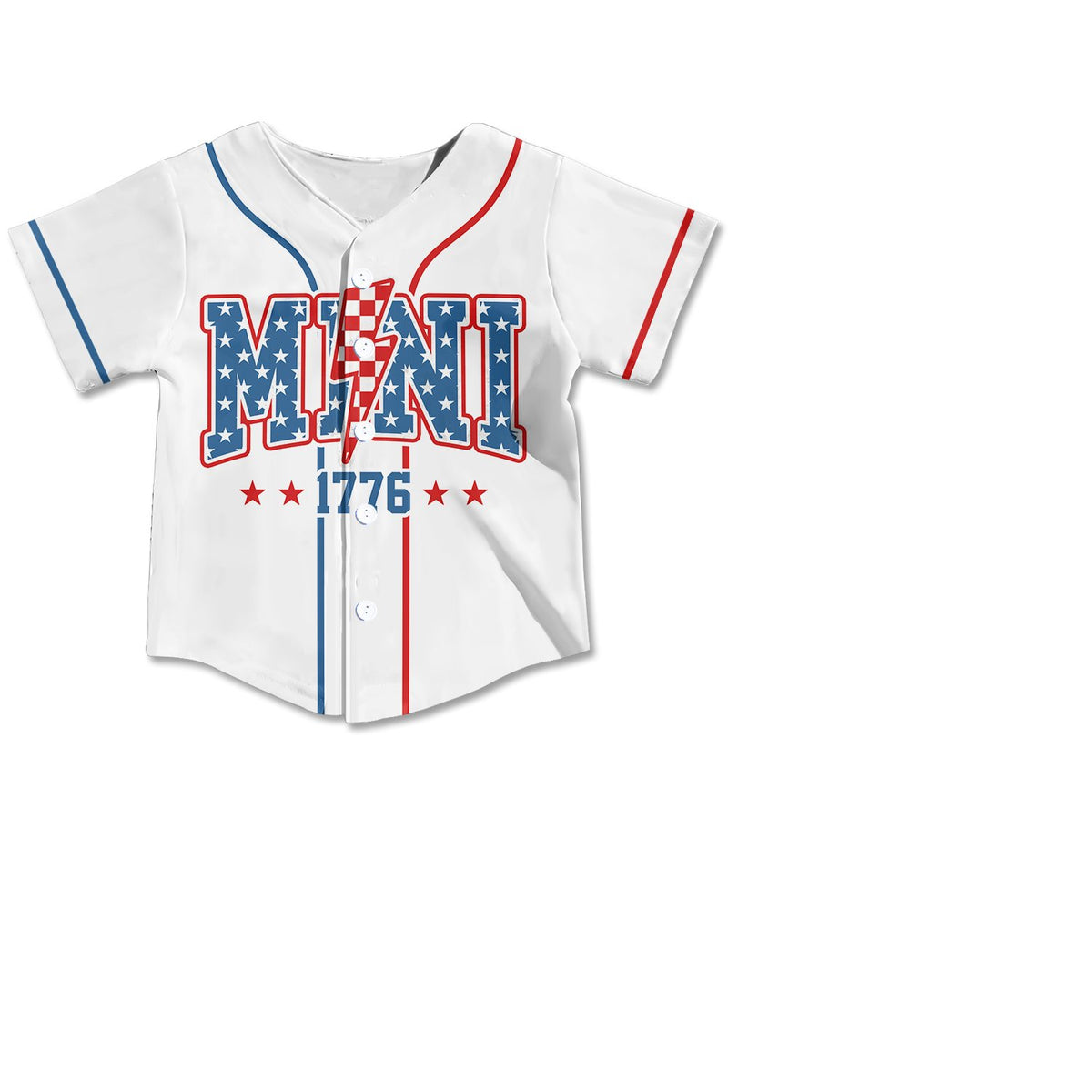 White patriotic baseball jersey with 1776 and star design, alternate front view