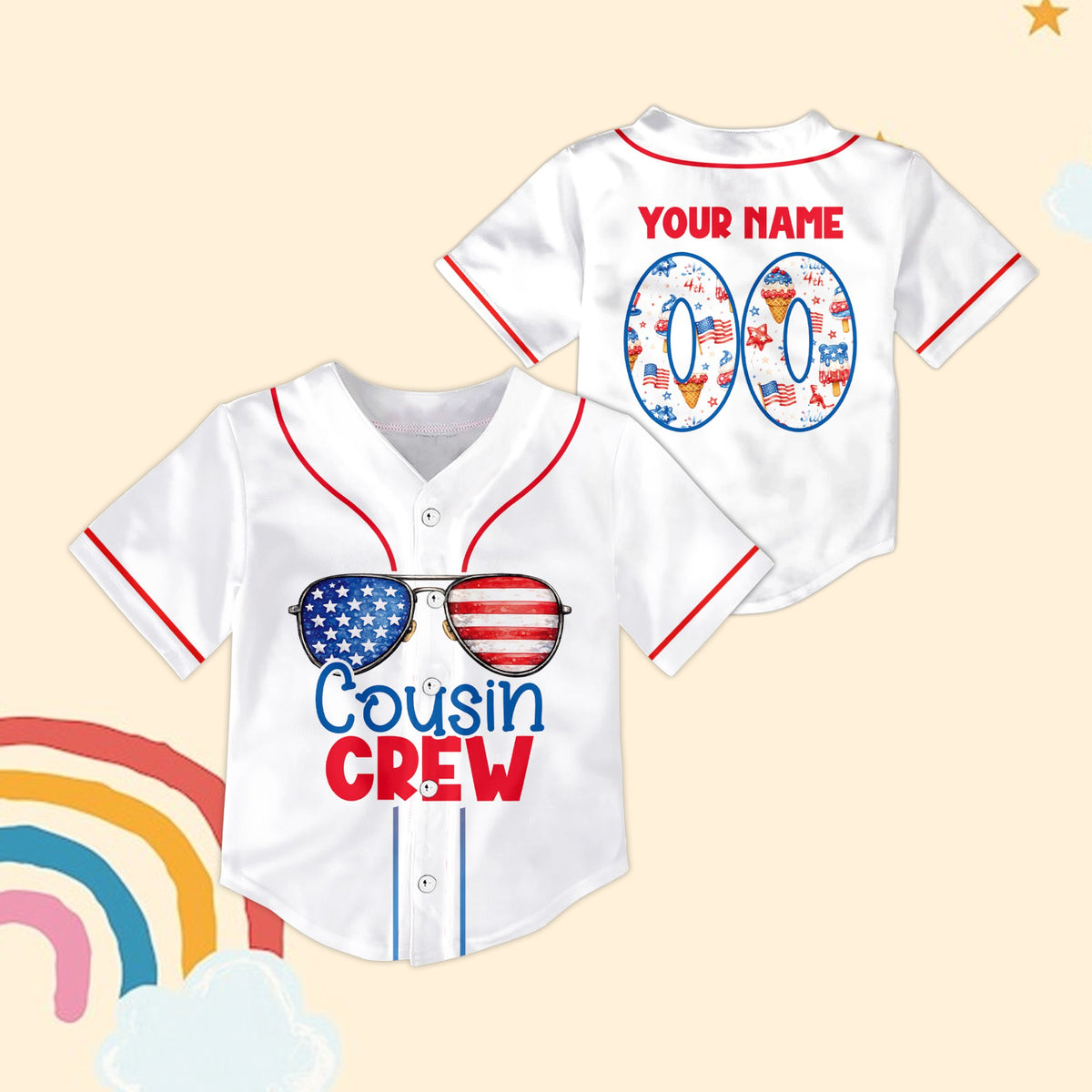 Front view of white personalized baseball jersey with patriotic design