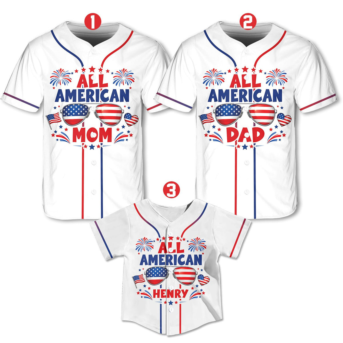 Another front view of the personalized patriotic baseball jersey showing family personalization options