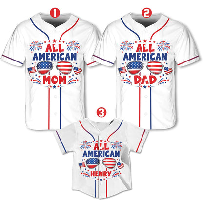 Another front view of the personalized patriotic baseball jersey showing family personalization options