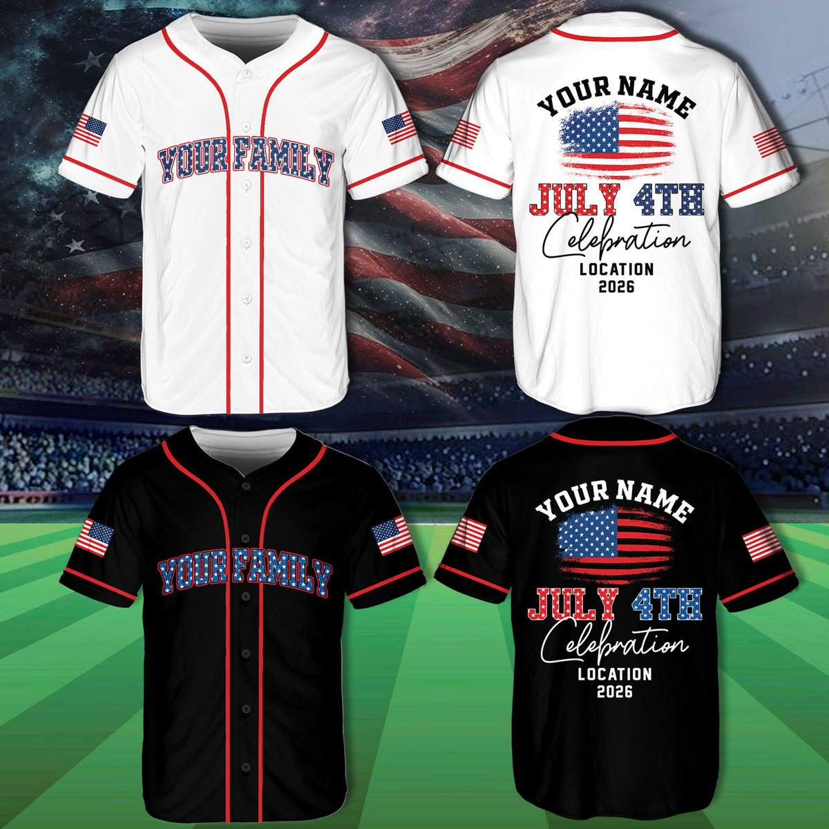 Detailed view of patriotic baseball jersey front