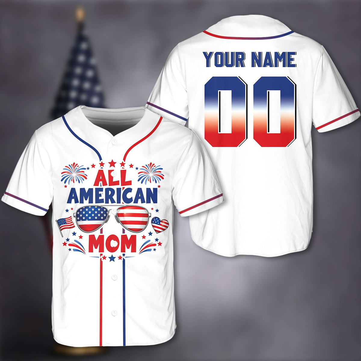 Front detail of the custom baseball jersey with 'MOM' and patriotic design elements