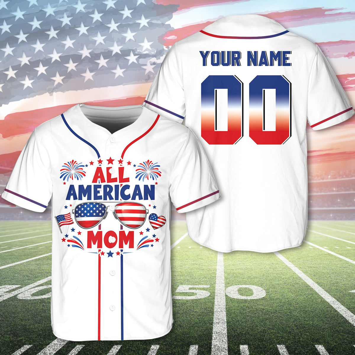 Front view of the personalized baseball jersey with 'DAD' text and fireworks graphic
