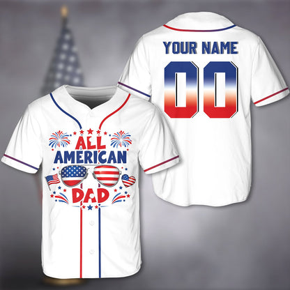 Close up view of the solid white baseball jersey with vibrant red, white, and blue details