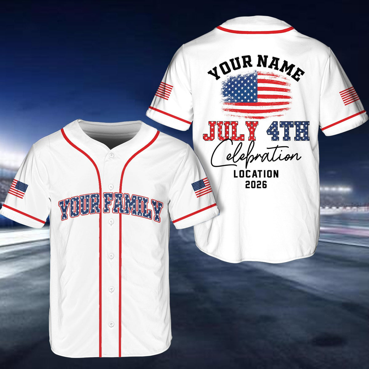 Front detail of patriotic baseball jersey