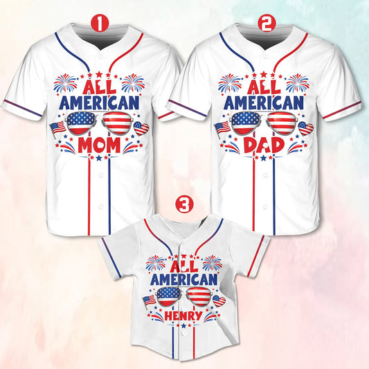 Personalized patriotic baseball jersey featuring 'ALL AMERICAN' sunglasses design and custom details, front view