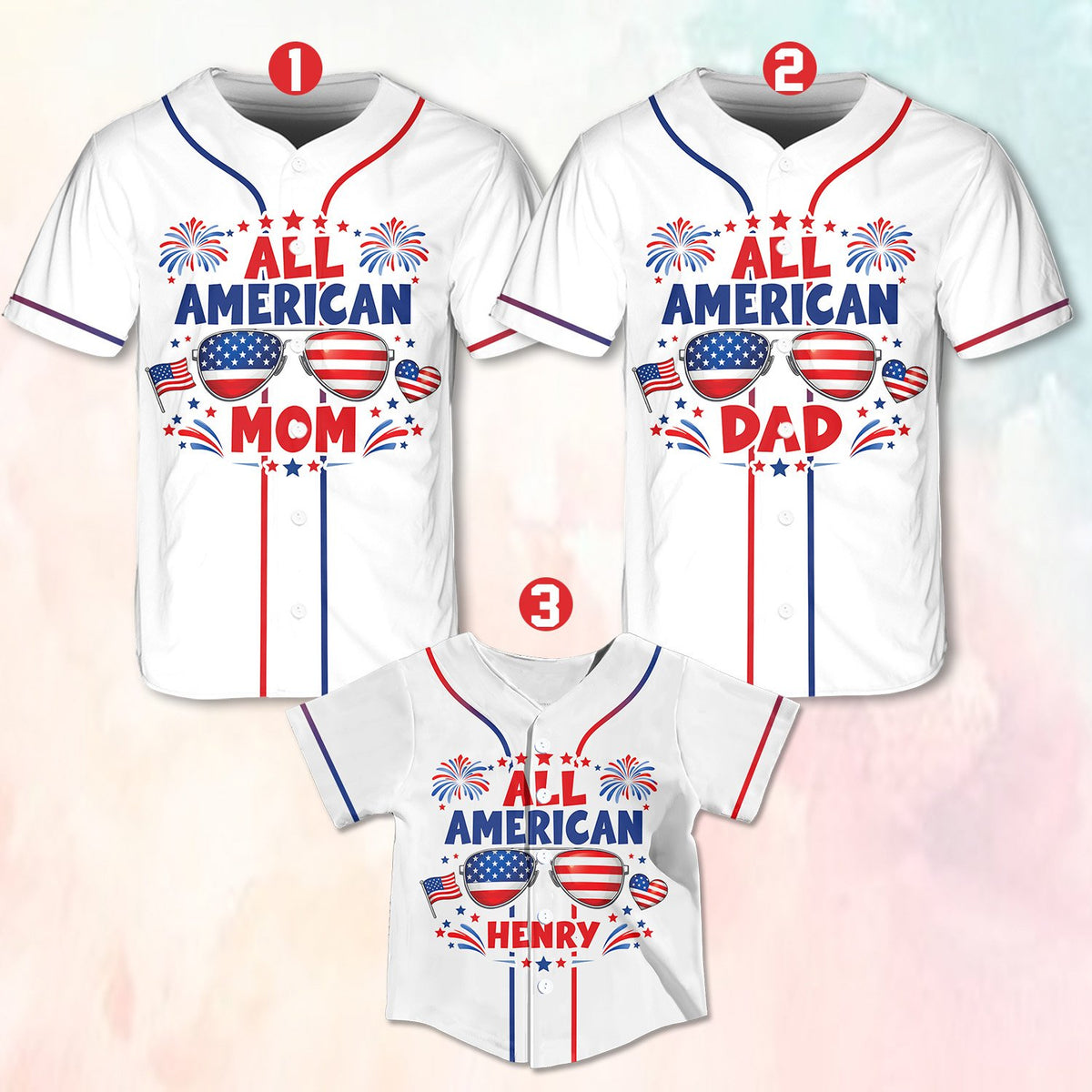 Front view of the custom name and number baseball jersey with USA flag sunglasses design