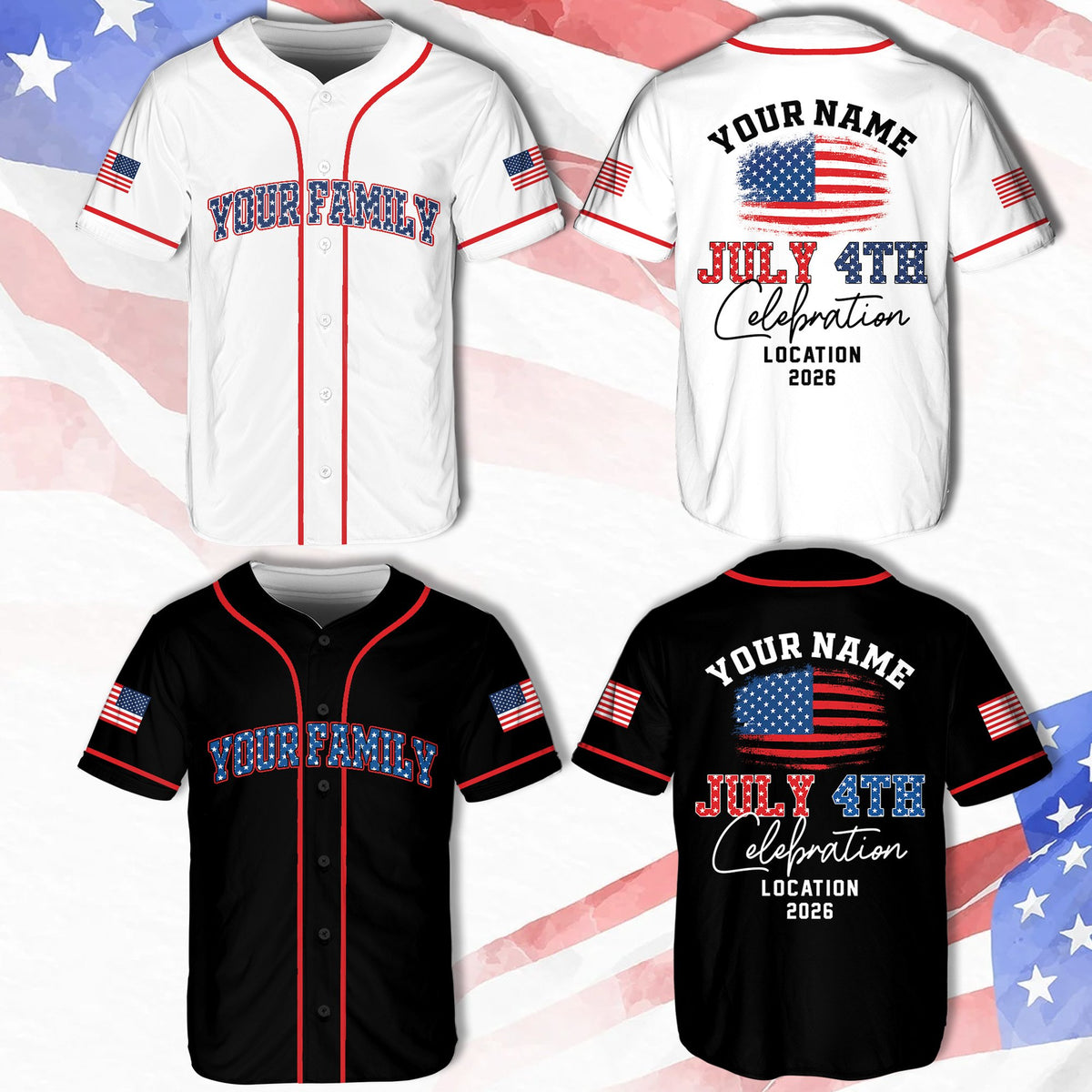 Patriotic baseball jersey with custom text and American flag design, main view