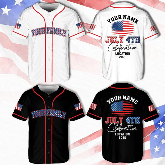 Patriotic baseball jersey with custom text and American flag design, main view