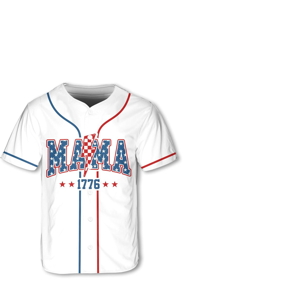 White patriotic baseball jersey with mama dada mini design, main view