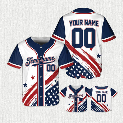 Side view of the red, white, and blue abstract flag baseball jersey