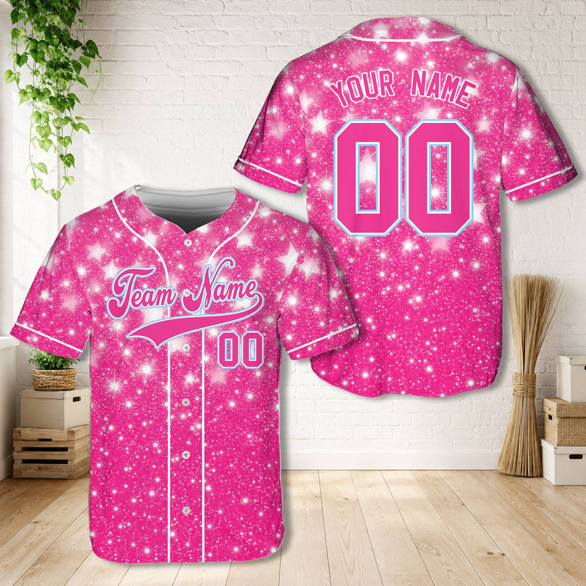 Personalized pink pink baseball jersey featuring an abstract starry pattern, custom script font, and number, front view