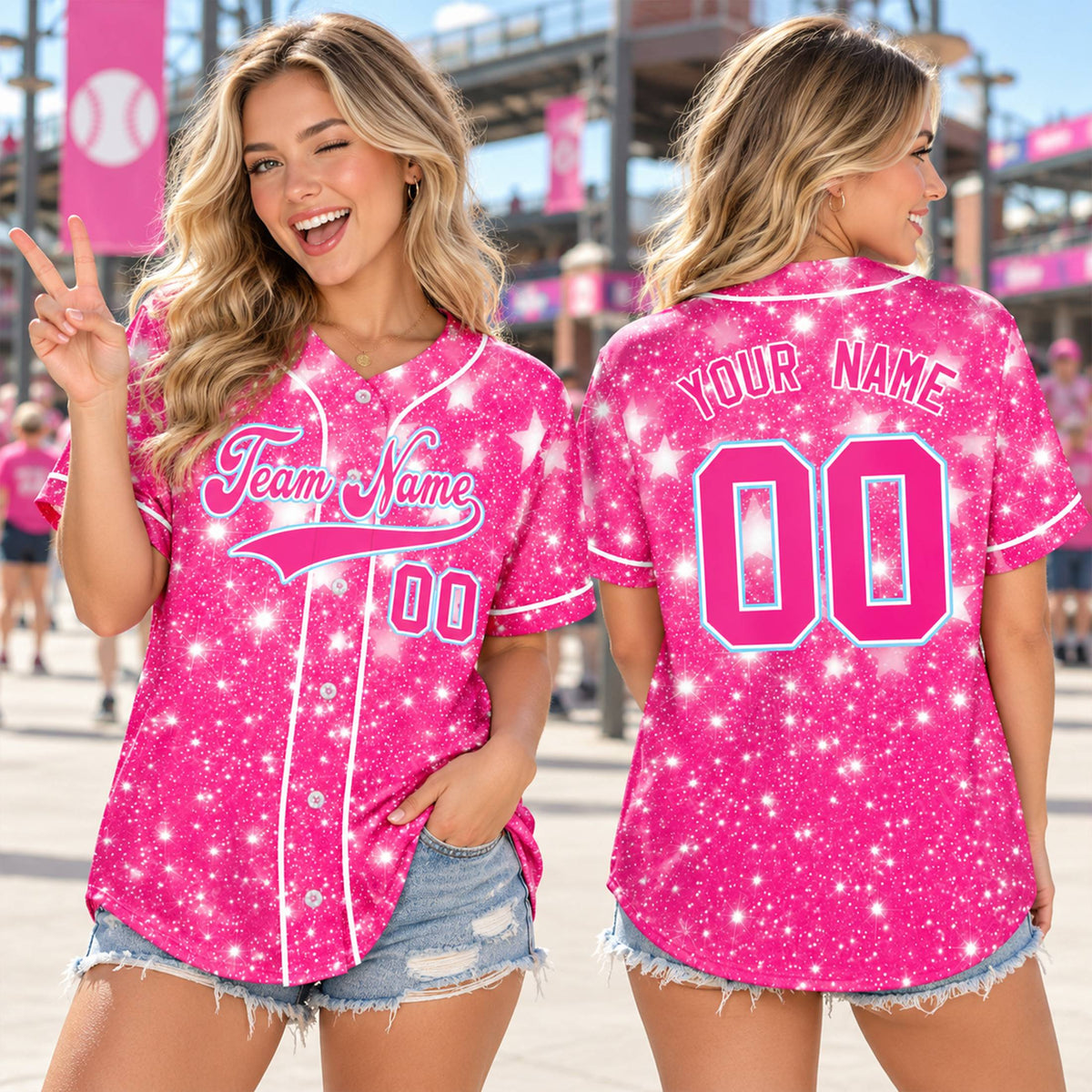 Adult wearing a custom baseball jersey in hot pink glitter pattern outdoors, lifestyle view