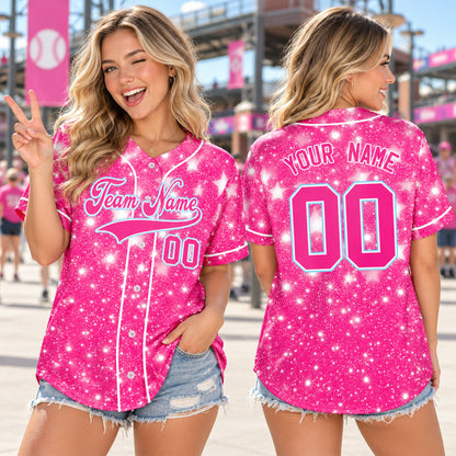 Adult wearing a custom baseball jersey in hot pink glitter pattern outdoors, lifestyle view