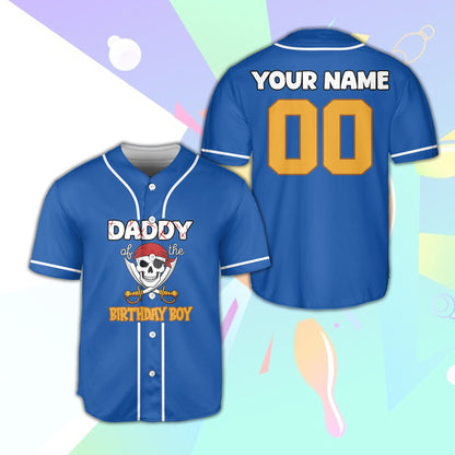 Personalized pirate birthday baseball jersey with custom name and number, blue front view