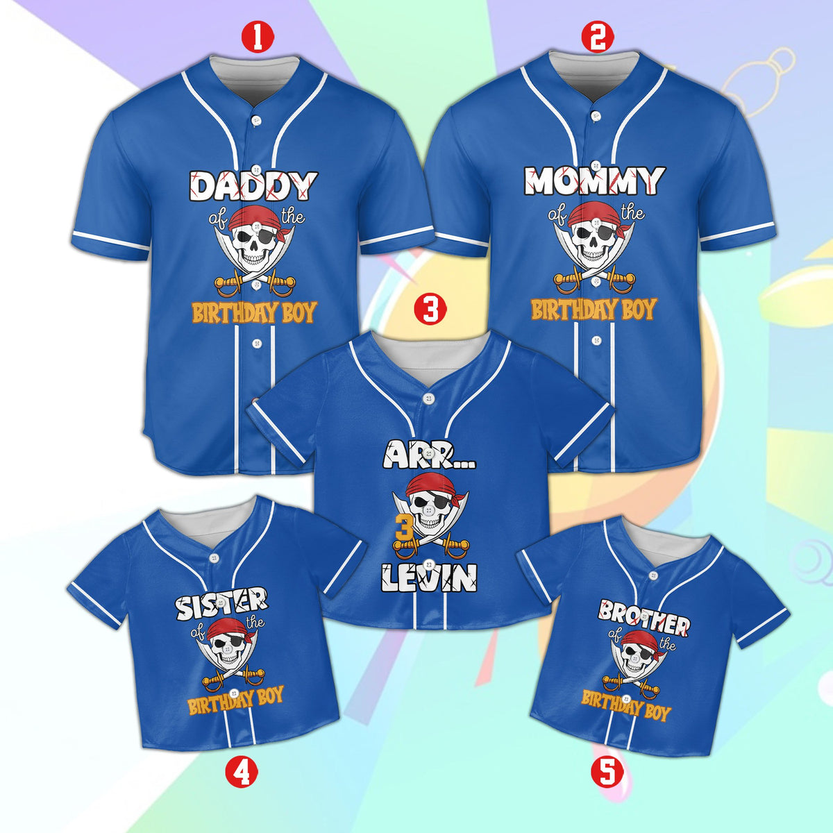 Personalized pirate birthday baseball jersey blue front view variant 2