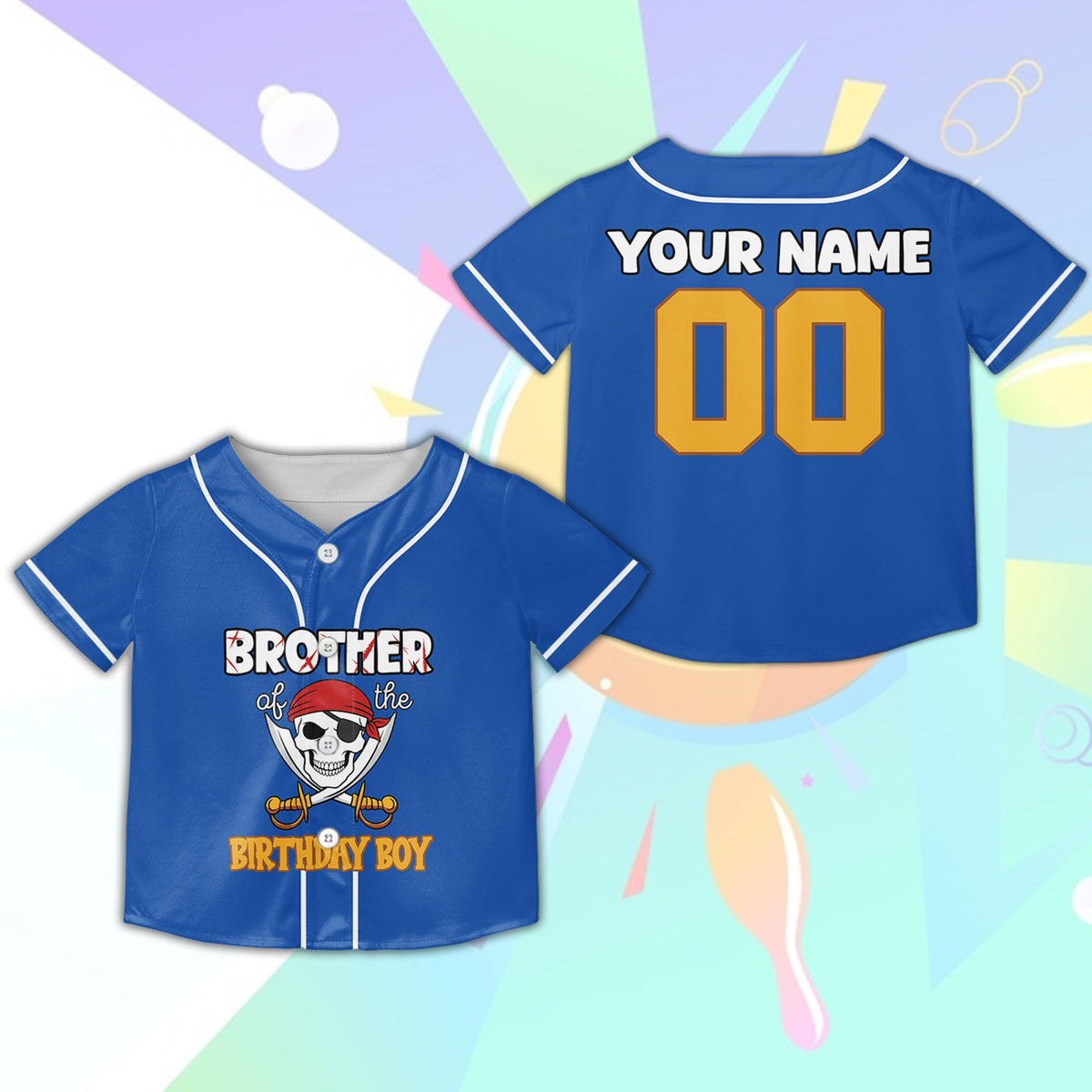 Personalized pirate birthday baseball jersey blue front view variant 3