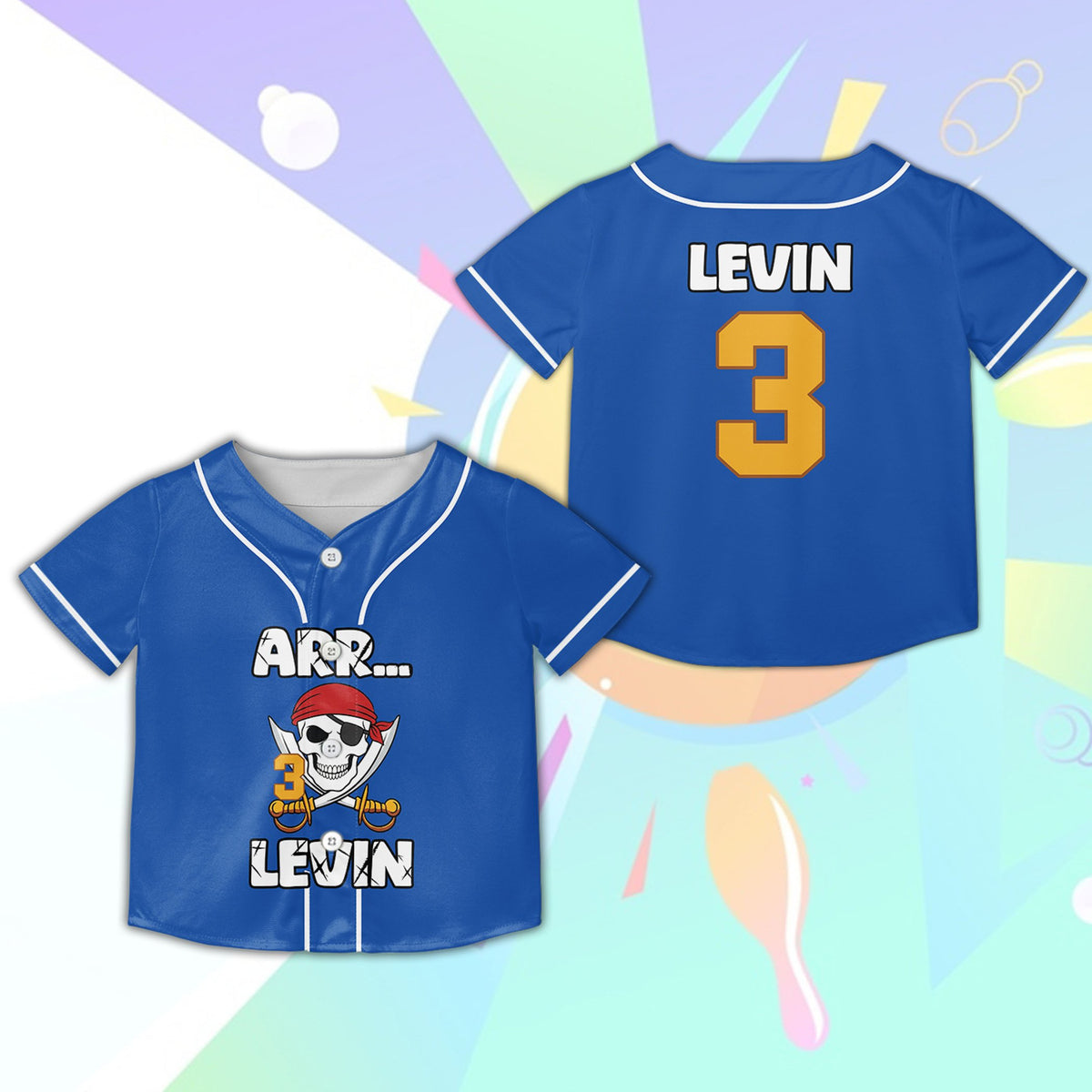 Personalized pirate birthday baseball jersey blue front view variant 4
