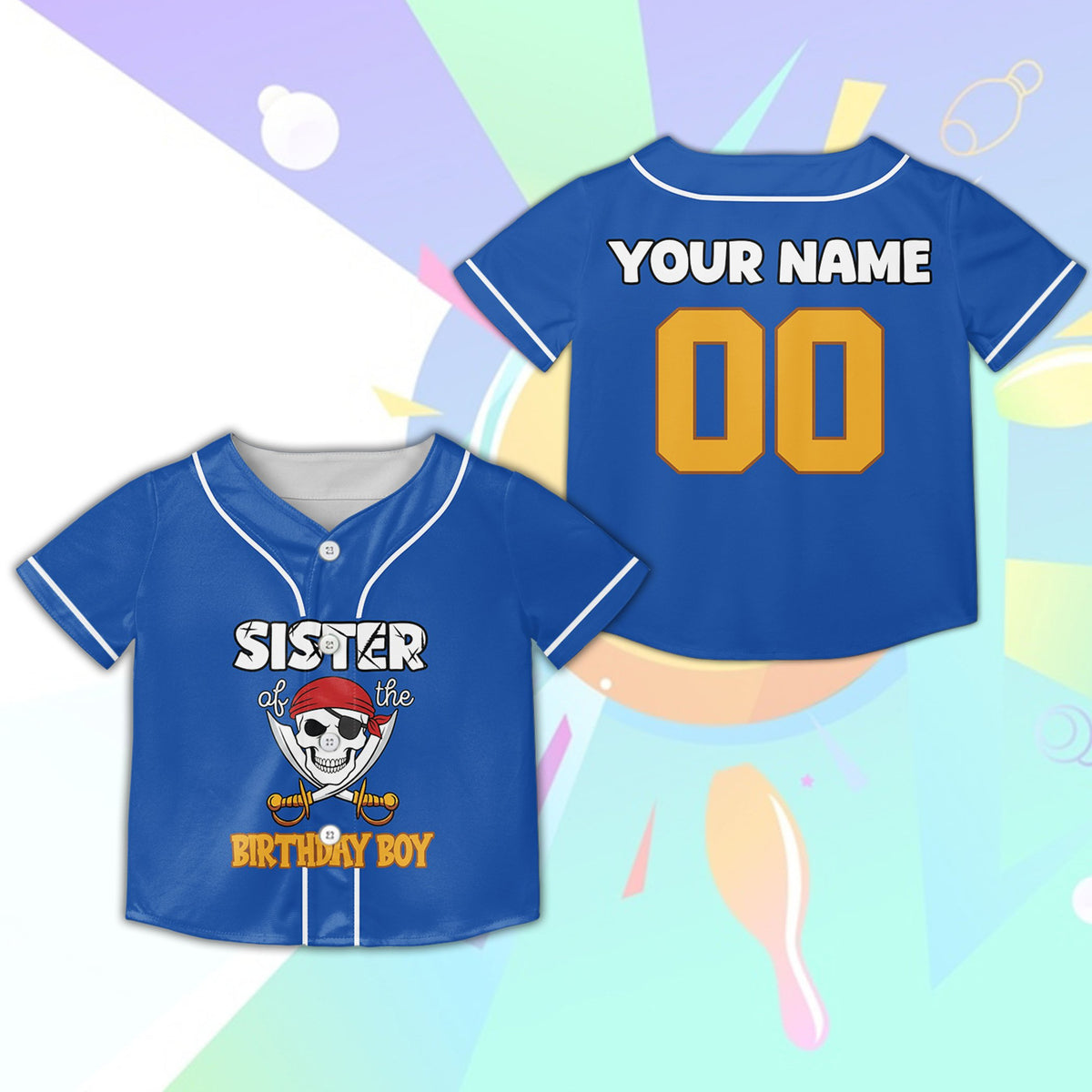 Personalized pirate birthday baseball jersey blue front view variant 5