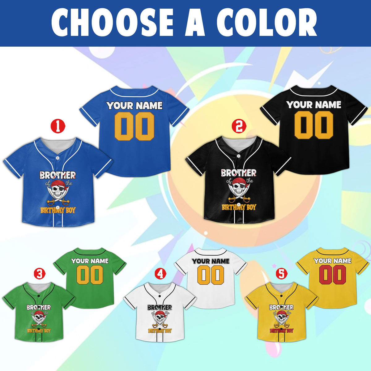 Personalized pirate birthday baseball jersey multicolor front view