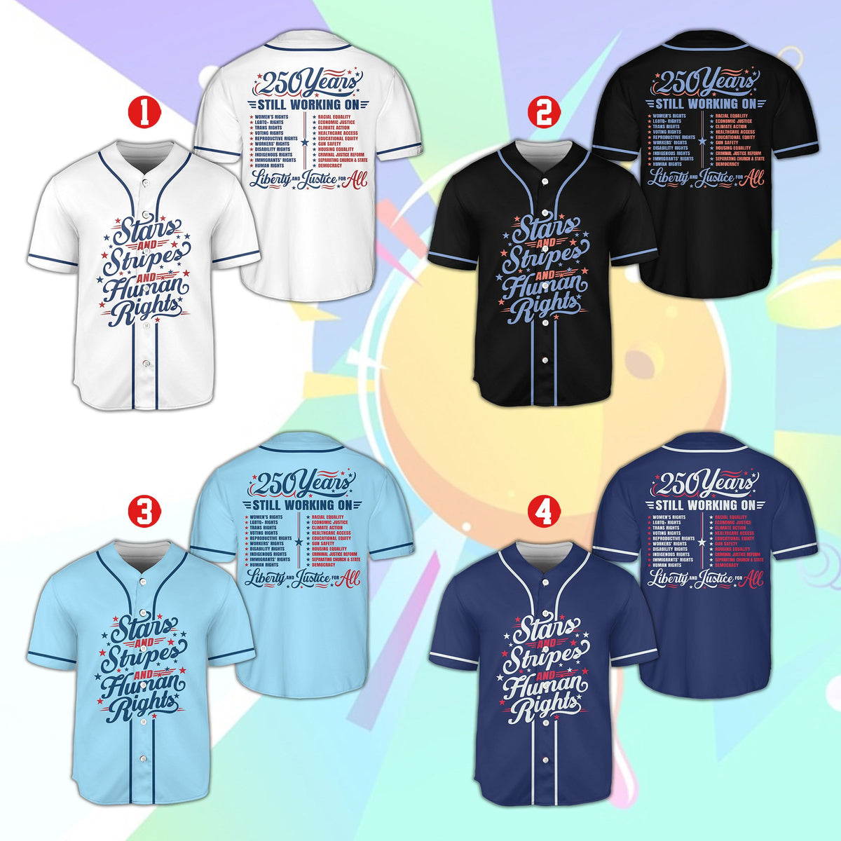 Multicolor front view of the political baseball jersey