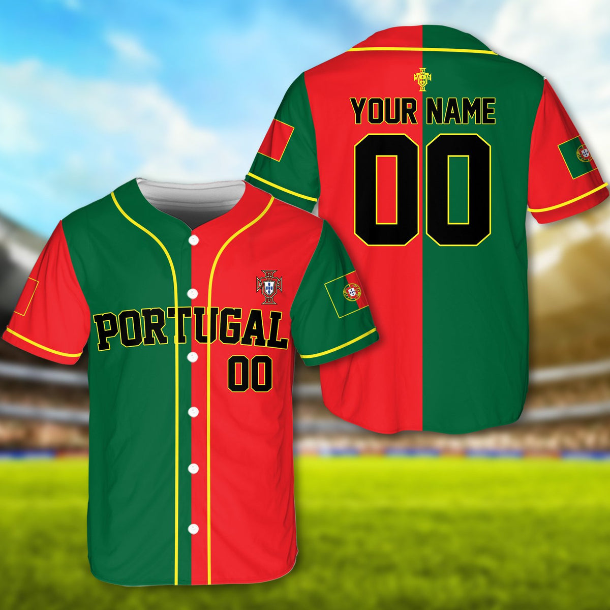 Close-up of the crest emblem on the red Portugal baseball jersey