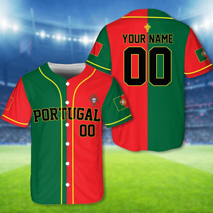 Detail showing the PORTUGAL text on the green and red baseball jersey
