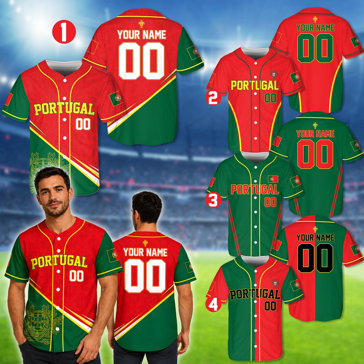 Close-up of the stitching and material on the red Portugal baseball jersey