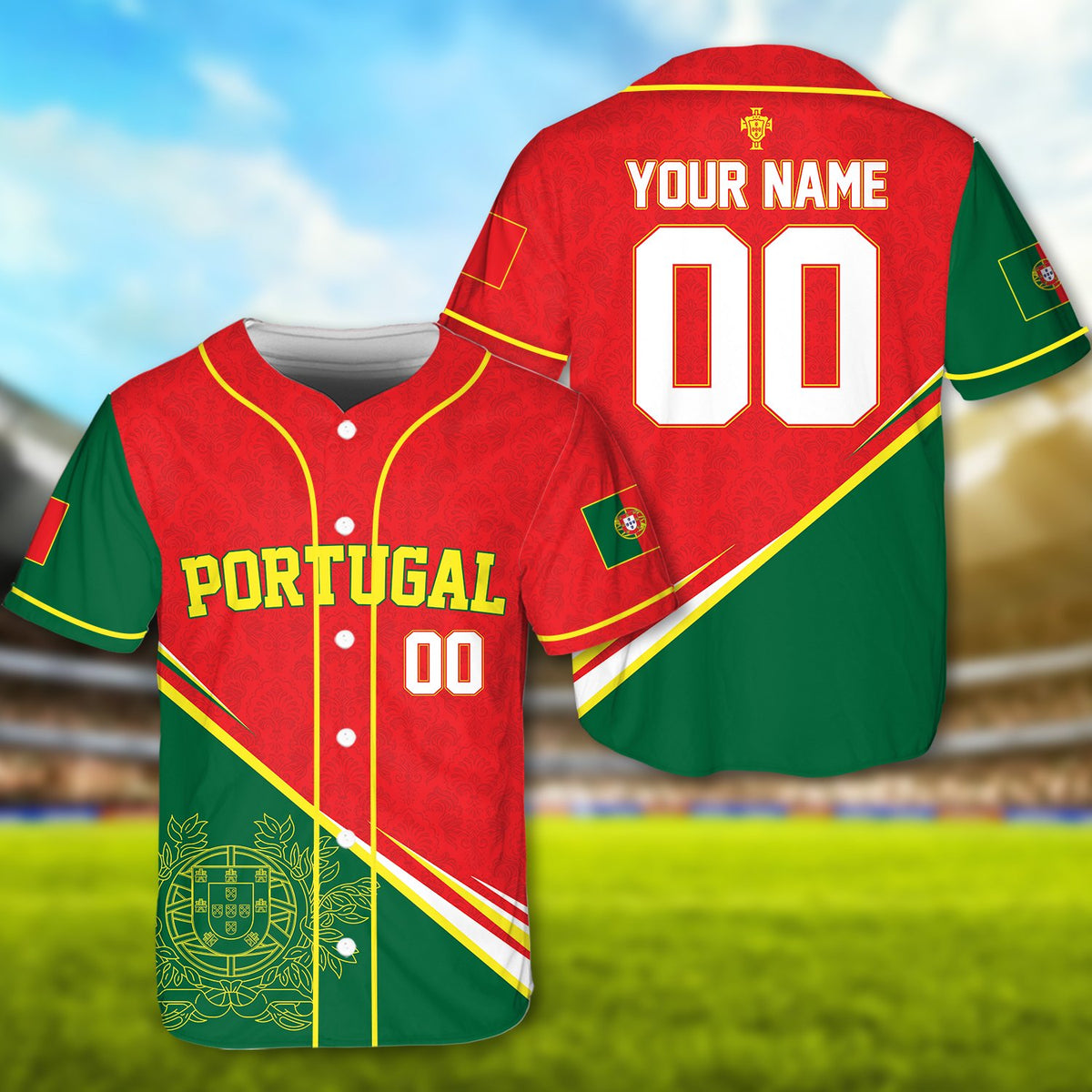 Detail of the custom name on the red Portugal baseball jersey