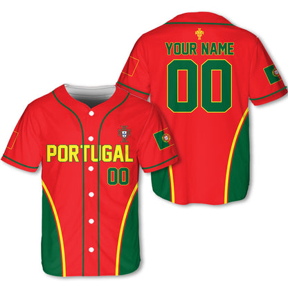 Full front view of the red Portugal baseball jersey laying flat