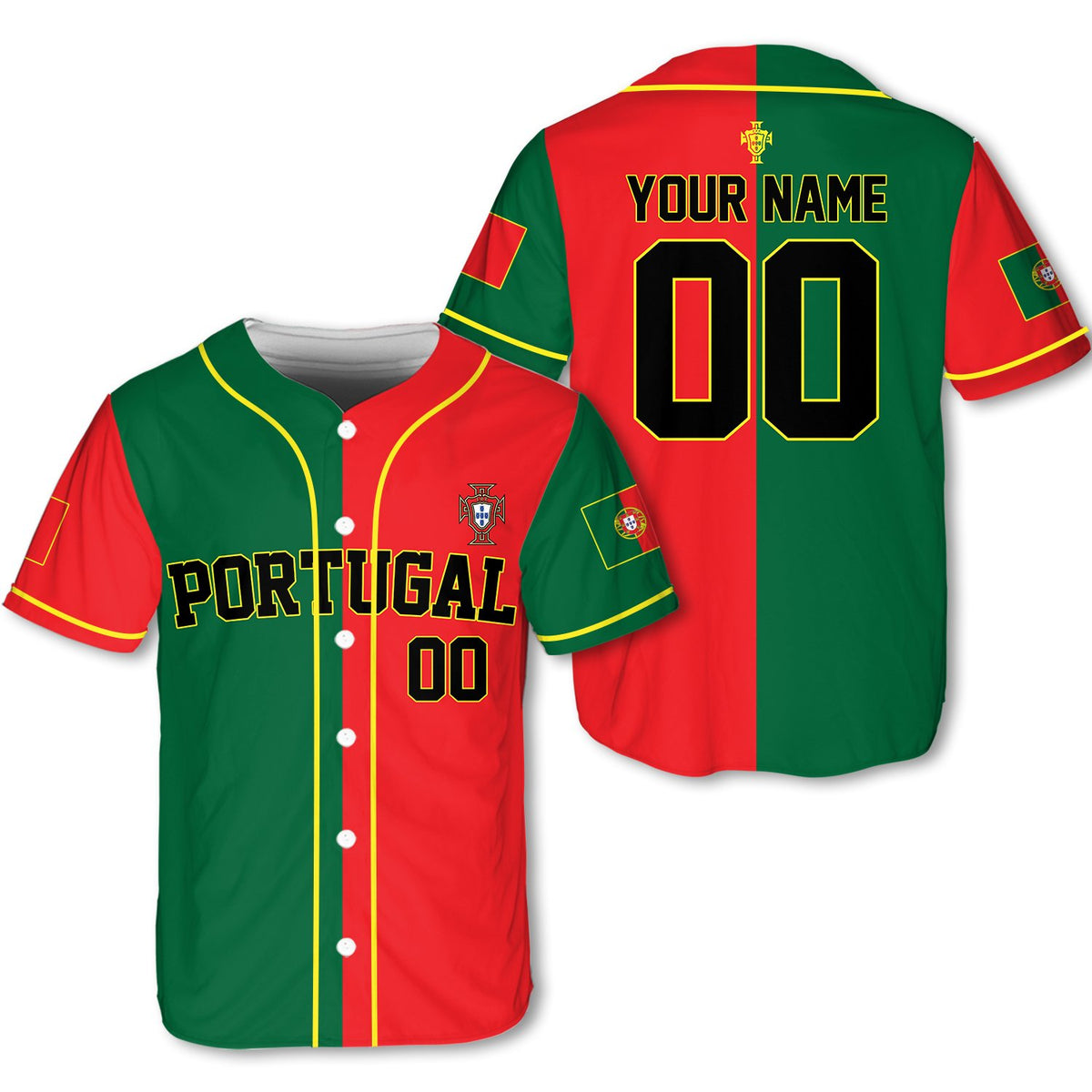 Front view of the red Portugal baseball jersey with crest and text