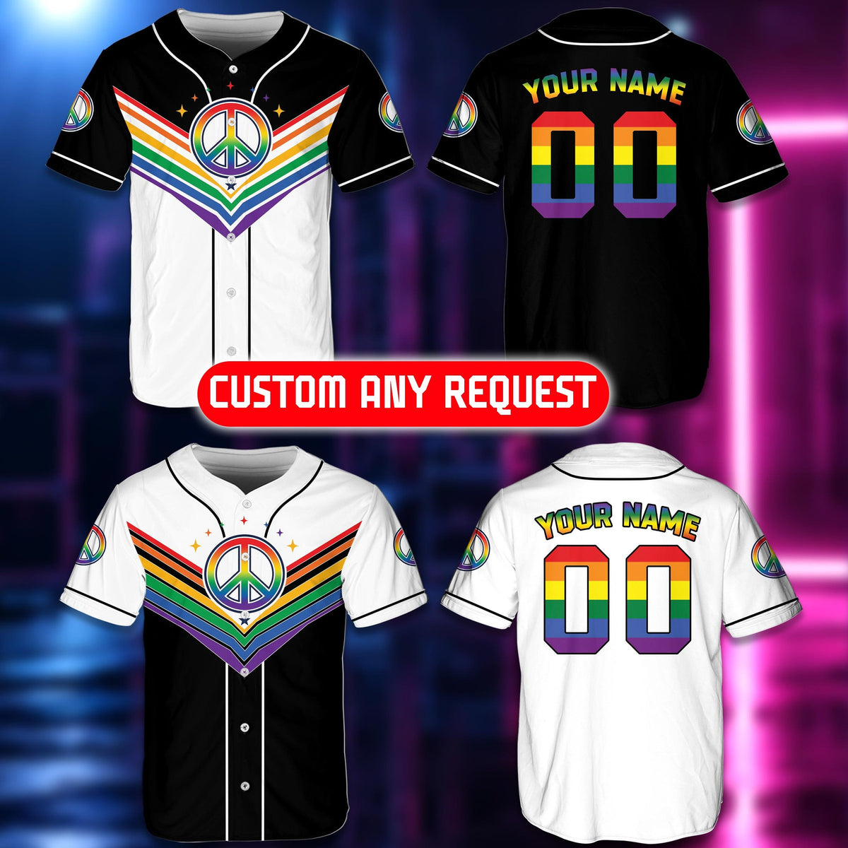 Front detail of the personalized black and white baseball jersey with rainbow peace sign