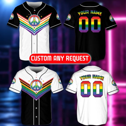 Front detail of the personalized black and white baseball jersey with rainbow peace sign