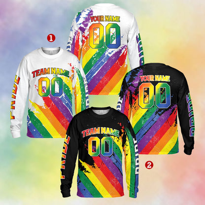 Front detail of the white personalized baseball jersey featuring rainbow brush strokes