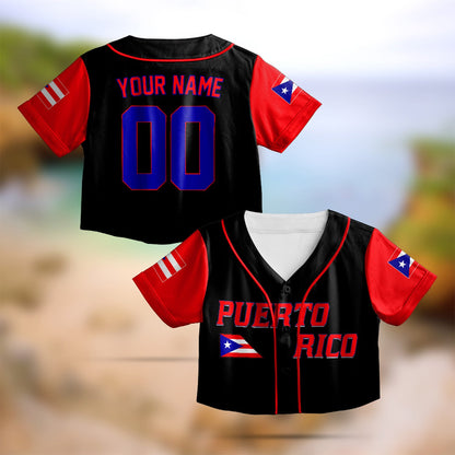 Black puerto rico baseball jersey with flag motif, front view